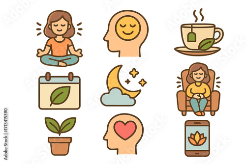 Mindfulness and wellness icon set for mental health. Self-care concepts like meditation, yoga, positive thinking, good sleep, and emotional balance for a healthy daily routine.