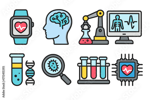 Medical technology icon set for healthcare innovation and research. Digital health, biotech, AI, and genetics concepts. Laboratory automation and diagnostic tools vector icons.