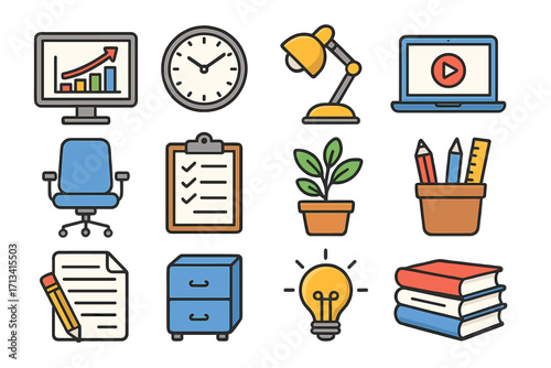 Office workspace icon set. Business productivity tools and modern work environment elements. Vector cartoon illustration of desk accessories, e-learning and business growth.