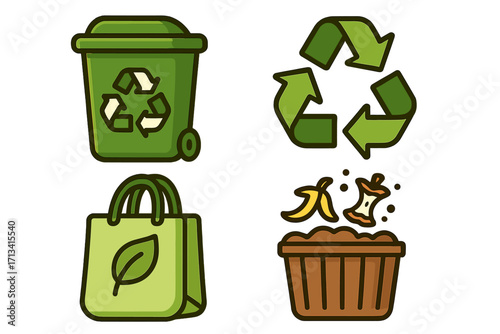 Recycling and composting icons set. Vector illustration for sustainable, eco-friendly lifestyle. Zero waste, reuse, reduce concept. Green living, environmental conservation symbols.