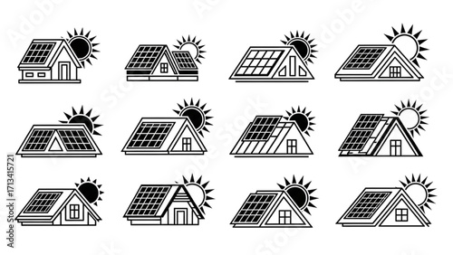 Black and White Solar Panel Vector Icon Set – Roof Designs with Stylized Sun Symbols