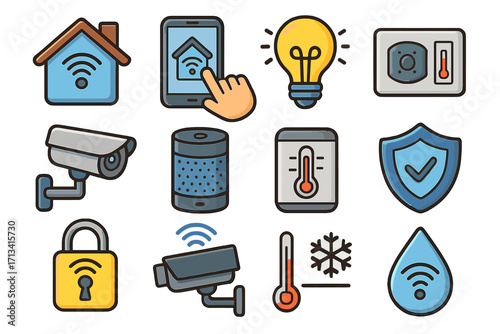 Smart home technology icon set. Collection of vector symbols for home automation, internet of things, security camera, smart light, and remote app control for modern living.