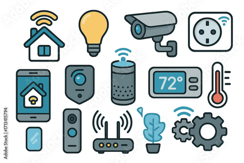 Smart home technology icon set. Internet of Things (IoT) vector collection. Home automation symbols for security camera, thermostat, smart light, and voice assistant control.