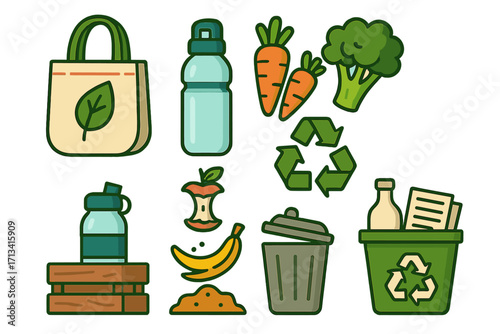 Sustainable living and zero waste icon collection. Eco-friendly practices for waste reduction, recycling, and composting. Reusable items, organic food, green lifestyle vector set.