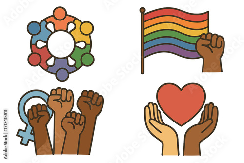 Diversity and inclusion icon set. Community support, feminism, LGBTQ pride concepts. Raised fists for equality, power, protest. Rainbow flag. Unity symbol. Human rights vector.