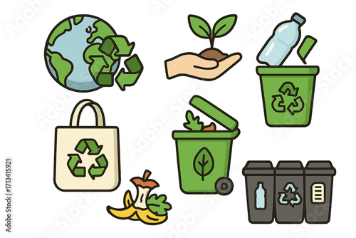 Recycling icons for sustainable living. Eco friendly concept for waste reduction and sorting. Zero waste lifestyle with reusable bag, compost, and planet earth conservation.