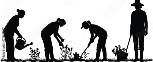 Gardening silhouette illustration, people working in garden, watering plants, harvesting vegetables, digging soil, teamwork farming, agriculture concept, outdoor lifestyle, nature care