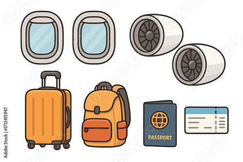 Travel and flight essentials icon collection. Vector cartoon set with airplane window, jet engine, suitcase, backpack, passport and boarding pass for vacation and tourism.