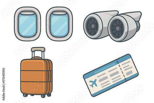 Travel and aviation icon set with airplane elements. Vector cartoon illustration collection of flight essentials like a window, jet engine, luggage, and boarding pass.