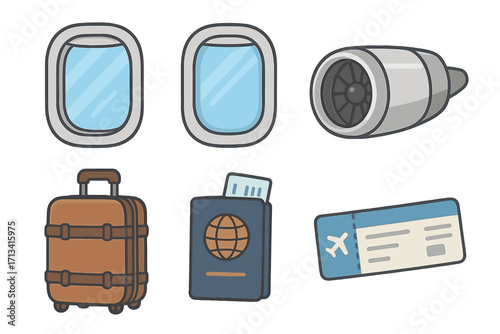 Travel and tourism icon set. Vector collection of flight essentials for vacation and journey. Airplane window, jet engine, luggage, passport and boarding pass illustration.