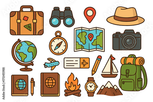 Travel essentials icon set. Symbols of exploration and adventure for vacation planning. Vector cartoon illustration with suitcase, map, compass, camera, passport, and globe.