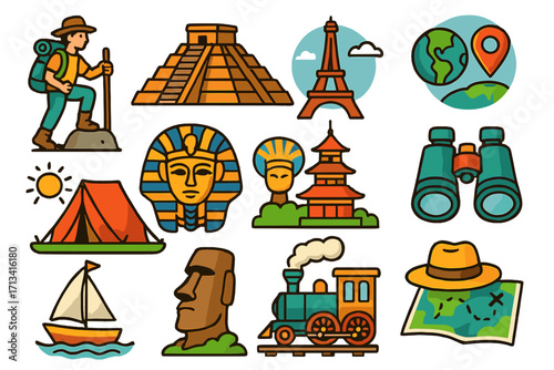 Travel icons set. Adventure culture exploration symbols. Global landmarks Eiffel Tower, Egypt, Moai. Vector cartoon illustration for tourism, vacation and journey concepts.