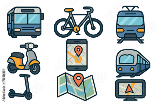 Urban mobility vector icon set. City public transport, bicycle, electric scooter, and train. Navigation technology with smartphone app, GPS, and map for modern city travel.