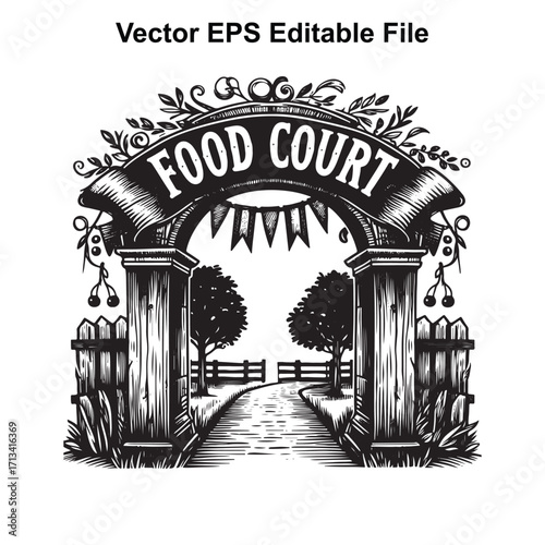 Vector art of archway entrance to a food court with trees and fence