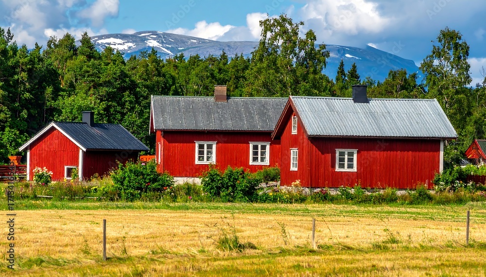 Fototapeta premium Red houses in a field, mountains in the background