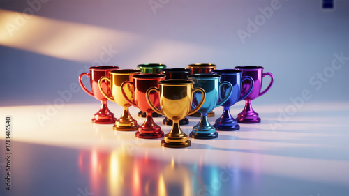 Colorful trophies awards celebration achievement success winning competition champion prize victory 1st place