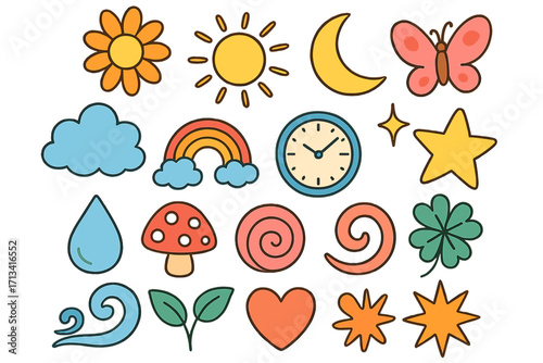 Retro groovy cartoon sticker icon set. Cute 70s hippie doodle collection. Whimsical nature, weather, and good vibe symbols. Flower, sun, rainbow, mushroom, and star vector.
