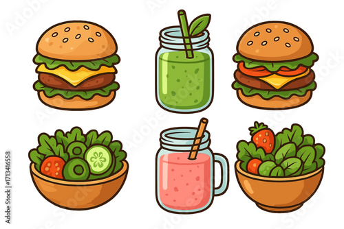 Healthy and unhealthy food icons. Set of vector cartoon illustrations with burger, fresh salad, and smoothie juice. For diet, nutrition, and wellness concepts. Meal choice.