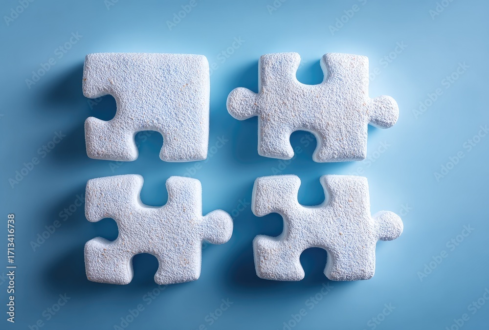 Fototapeta premium Four light blue puzzle pieces arranged in a grid on a light blue background