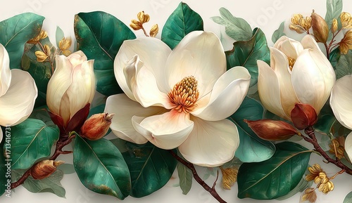 Elegant magnolia blossoms and foliage border