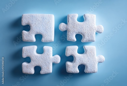 Four light blue puzzle pieces arranged in a grid on a light blue background