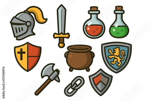 Medieval fantasy RPG icon set. Knight armor, helmet, sword, axe, shield. Magic potion, alchemy cauldron. Vector cartoon game assets for battle or history. Heraldry symbols.