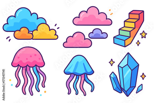Cute cartoon sticker set with jellyfish, rainbow stairs, magic crystals and colorful clouds. Kawaii vector icon collection. Fantasy dream-like elements. Modern flat illustration.