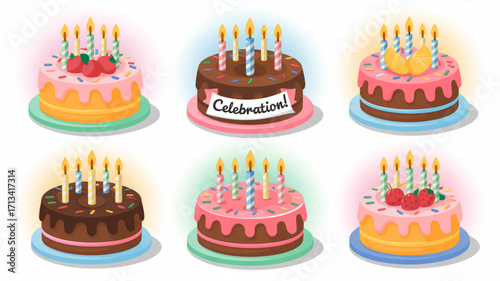 Delicious birthday cakes with candles vector illustration for party celebration and special occasion design 100