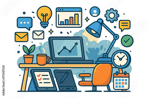 Creative workspace concept. Home office, remote work. Technology and productivity tools. Laptop with analytics graph, communication icons, calendar, idea lightbulb. Vector illustration.