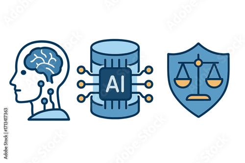 AI ethics and legal regulation concept. Artificial intelligence, machine learning, data processing and privacy. Human mind vs machine. Justice, law, and technology safety vector.