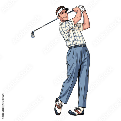 Vector Illustration of Golfer Swinging Club in Modern Vintage Style with Casual Clothing and Neutral Colors