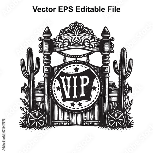 Vector art of western gate with vip sign, cactus, and wagon wheels