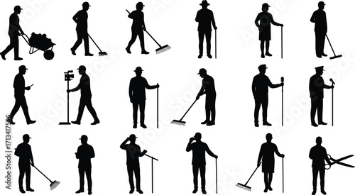 Gardening silhouettes collection, people working in garden, landscaping tools, farmers with wheelbarrow, watering plants, outdoor maintenance, agriculture, horticulture, farming activities
