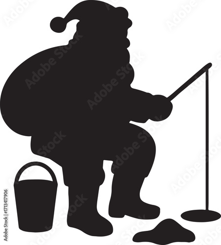 Santa Claus ice fishing silhouette vector illustration holiday