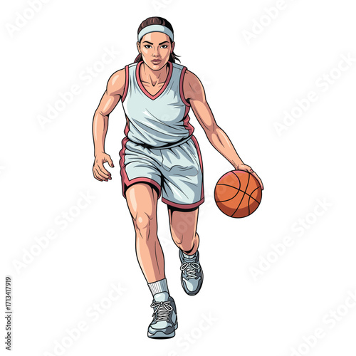 Vector Illustration of Female Basketball Player in Dynamic Pose with Modern Style and Sportswear Colors