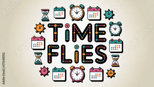 Time flies concept with clocks calendars and hourglasses for time management and productivity design vector