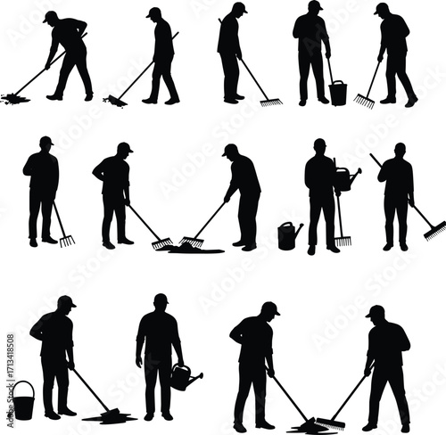 Gardening silhouettes, people working, outdoor labor, raking leaves, watering plants, carrying bucket, sweeping yard, garden tools, manual work, landscaping, agriculture,