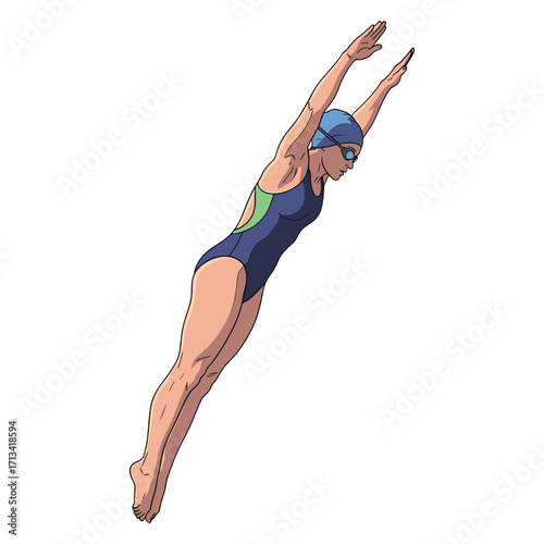 Vector Illustration of Female Swimmer Diving in Modern Style with Blue Swimwear and Goggles