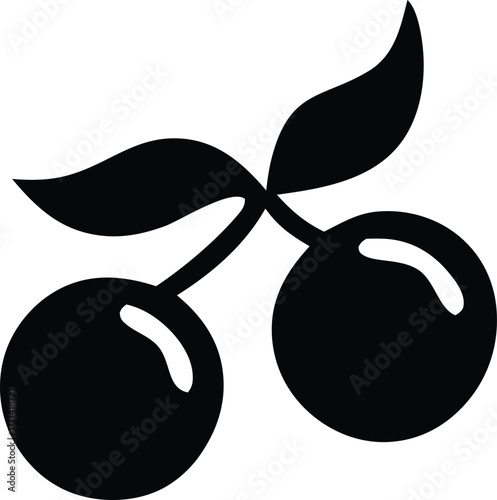 Simple silhouette of two cherries with stems and leaves a classic icon representing fruit food and nature