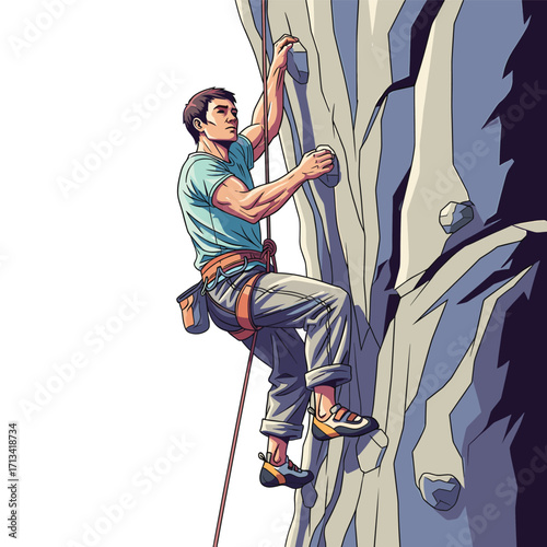 Vector Illustration of a Male Climber on a Rock Wall in Modern Realistic Style with Earth Tone Colors