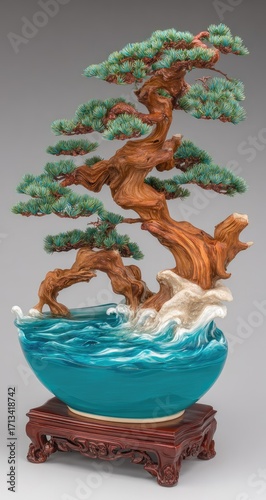 Ornate bonsai tree sculpted from wood, atop a sculpted teal-colored wave-filled bowl, resting on a wooden base