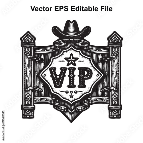 Vector art of western vip sign with cowboy hat and bow