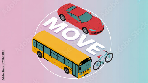 Transportation options vector art featuring car bus and bicycle move concept for urban travel and commute design