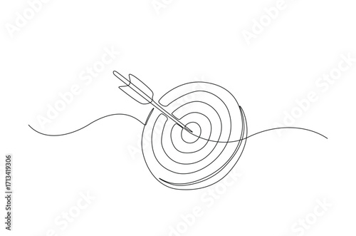 Arrow shoted on the target in continuous one line drawing. Single line art illustration of arrow on target. Editable vector.