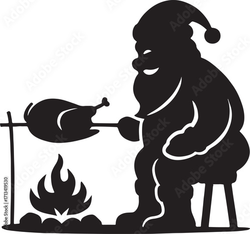Santa Claus roasting turkey silhouette holiday preparation