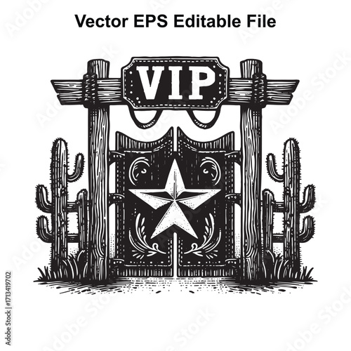 Vector art of western saloon entrance with vip sign and cactus