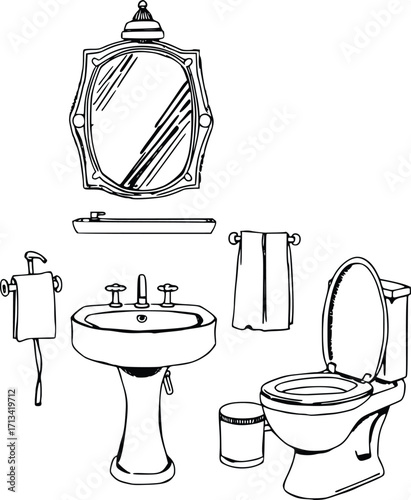 Toilet and Bidet Bathroom Interior Line Art 