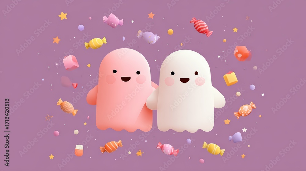 custom made wallpaper toronto digitalCute Cartoon Ghosts with Candy on Purple Background for Halloween