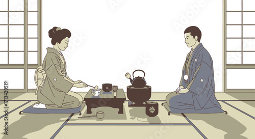 Serene Japanese Tea Ceremony Illustration Showcasing Traditional Culture and Peaceful Rituals, Ideal for Promoting Cultural Events, Travel Guides, or Educational Materials