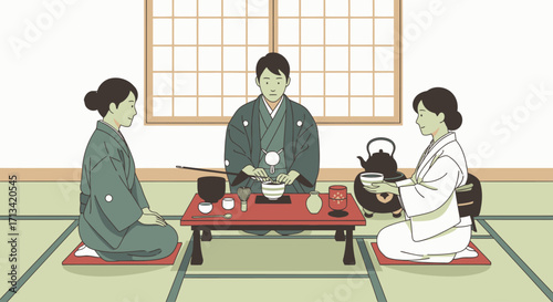 Traditional Japanese Tea Ceremony Illustration Depicting Cultural Heritage and Serene Rituals for Educational Materials and Travel Brochures